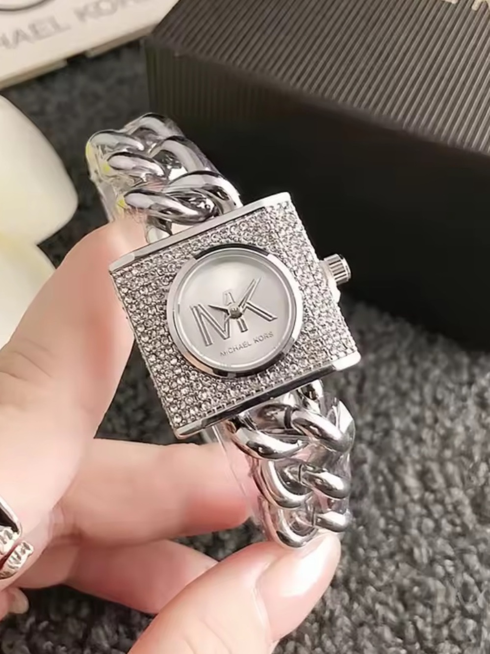 Designer inspired Michael Kors Silver Crystal-Embellished Square Bracelet Watch